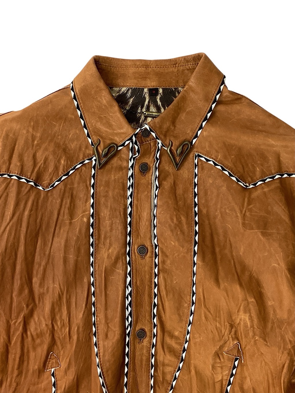 Roberto Cavalli Brown Leather Western Shirt Jacket Snake Collar NWT Size M